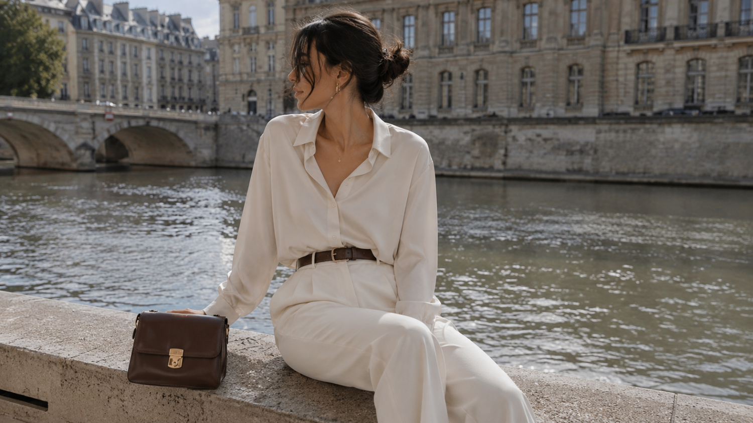 Woman in a white outfit sitting by a river with classical architecture in the background