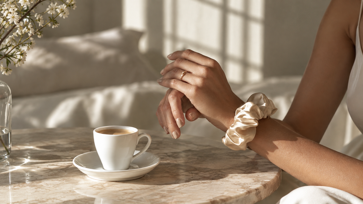 A woman wearing a gentle cream silk scrunchie on her wrist, resting her hands gracefully on a marble table next to a morning cup of coffee in warm window light.