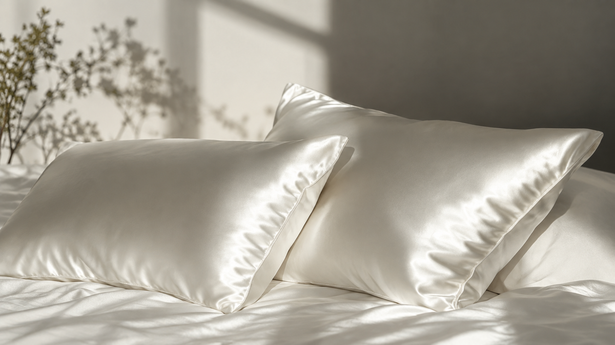 Two ivory silk pillows and smooth silk bedding illuminated by soft natural sunlight in a serene bedroom, with subtle plant shadows on the wall.