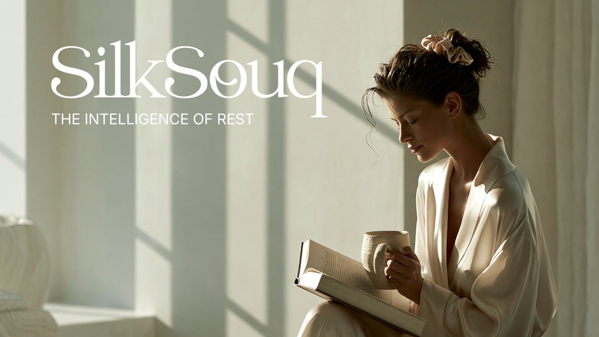 A woman in a white satin robe sits by a window reading a book and holding a mug, with the text 'SilkSouq THE INTELLIGENCE OF REST' overlaid on the left side.