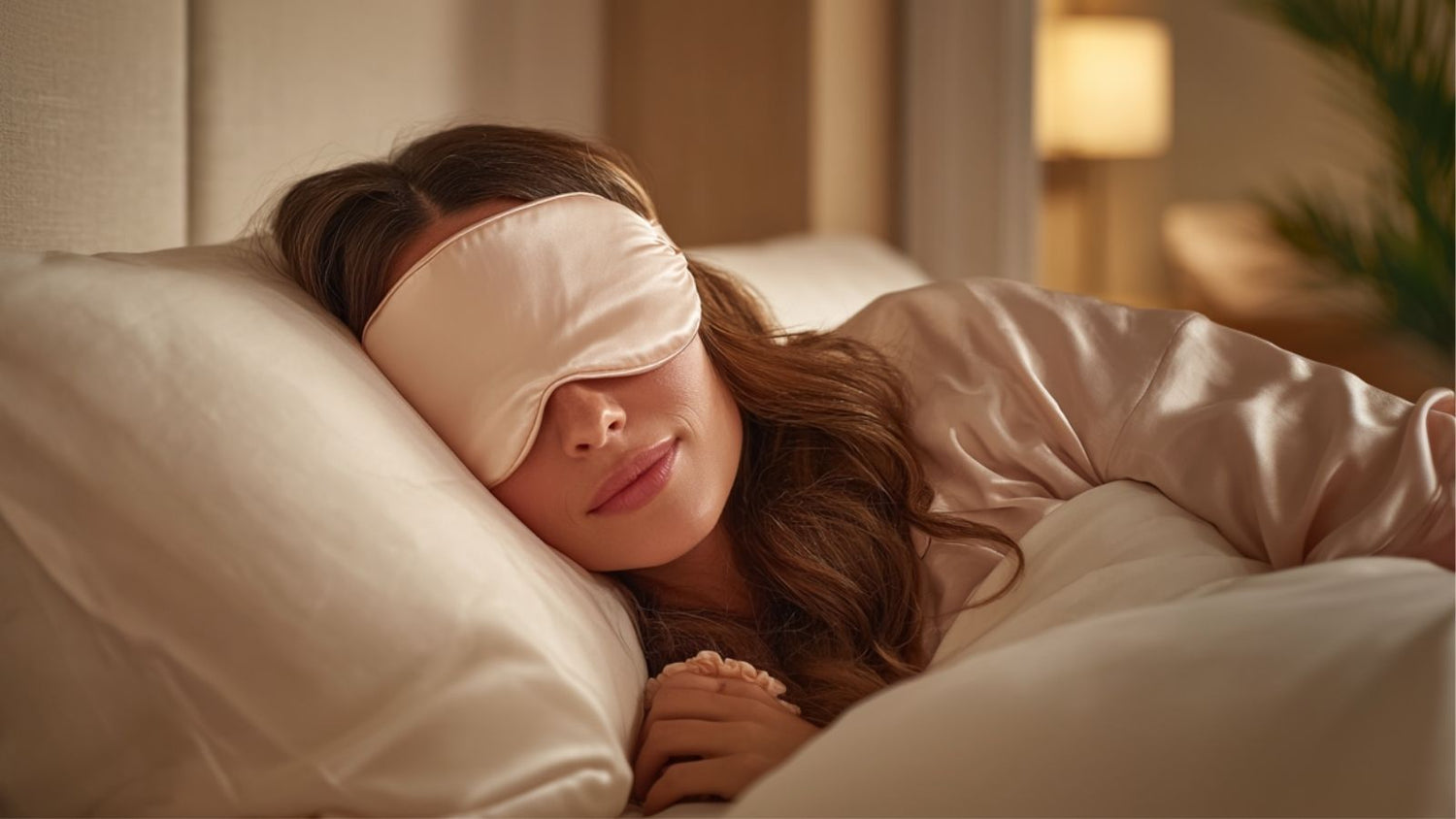 Close-up of a woman sleeping on a white silk pillowcase with a mulberry silk eye mask, illustrating effortless self-care through passive wellness.