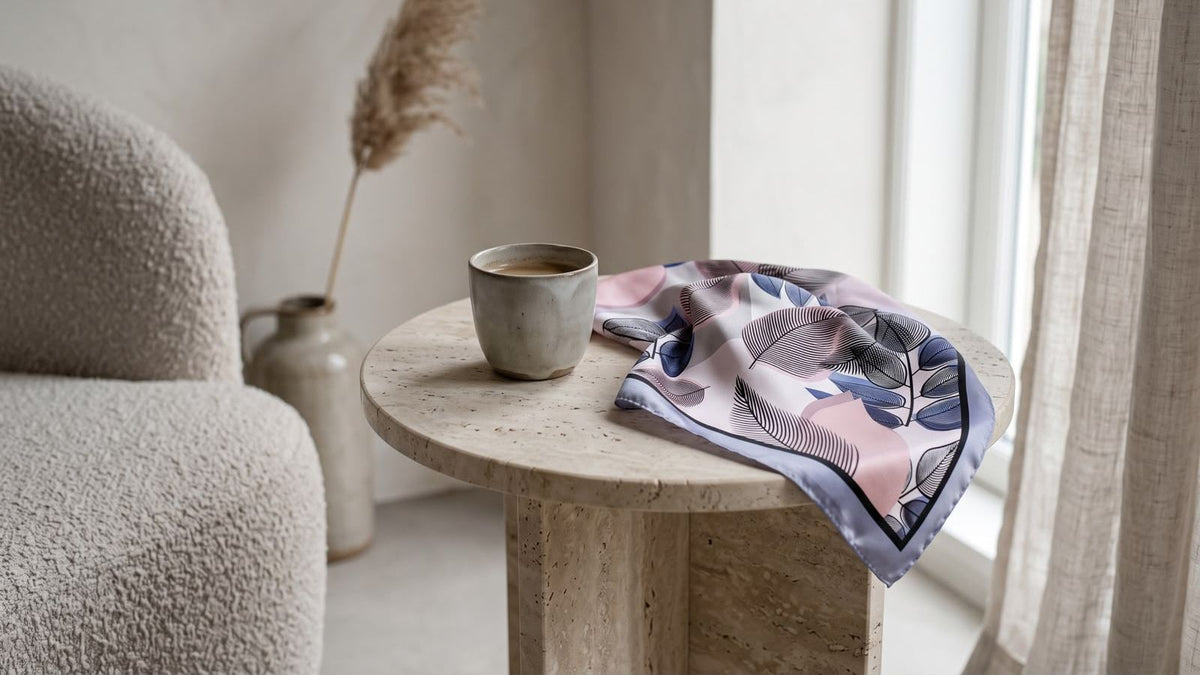 Folded silk scarf with a botanical print lying on a stone side table next to a cup of coffee.