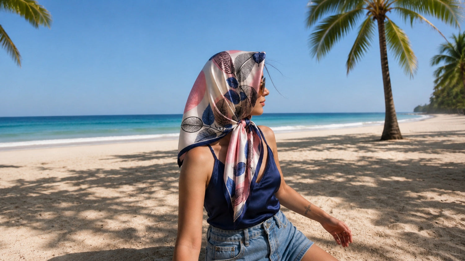Tropical beach relaxation with a scenic view wearing a spring inspired shawl