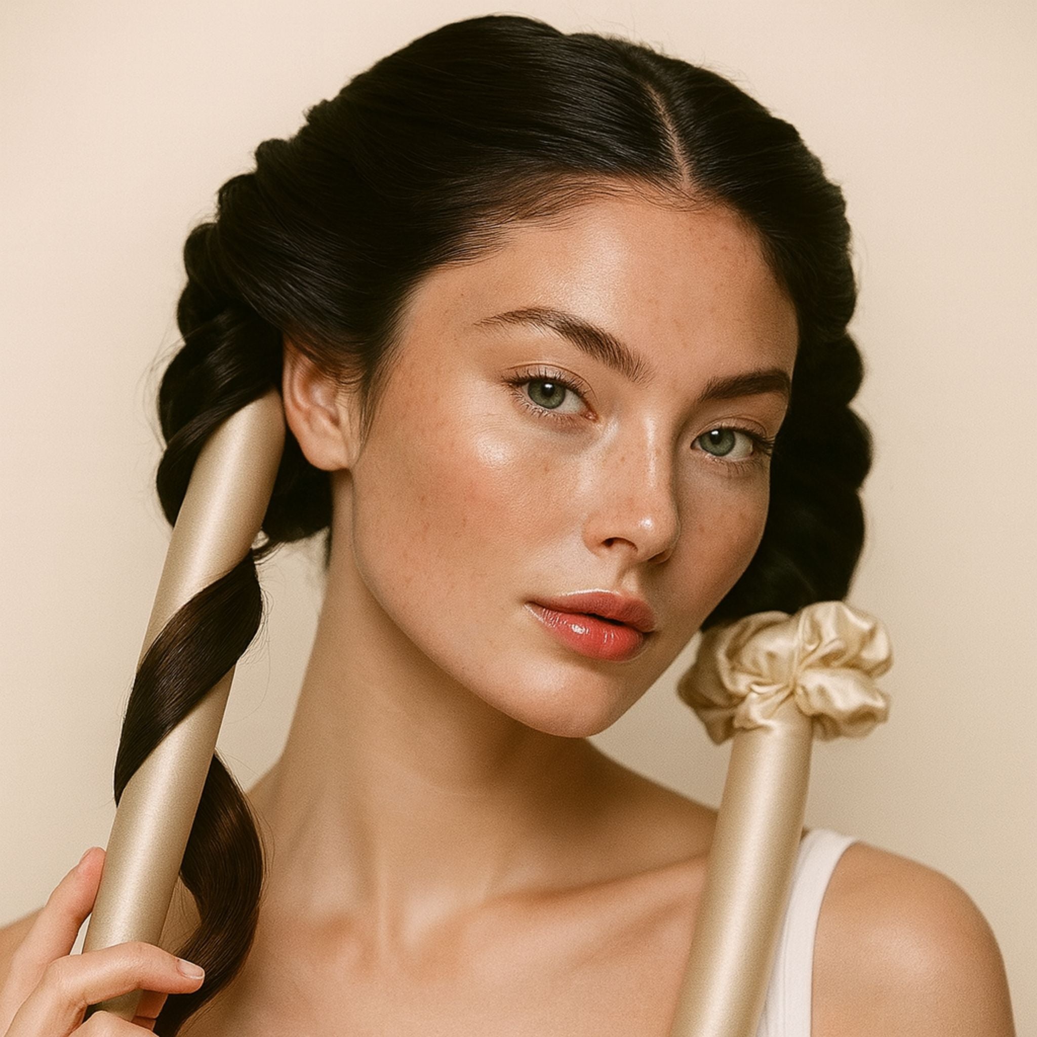 Woman searing silk heatless hair curler against a beige background