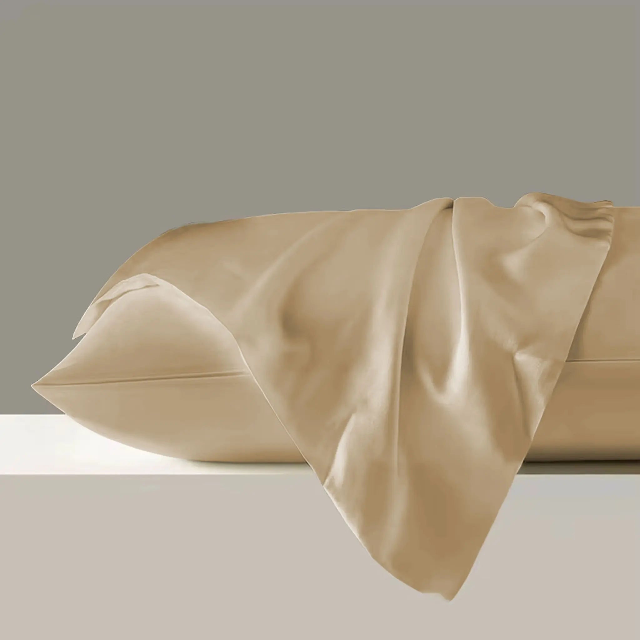 Side view of Mocha Taupe pure mulberry silk pillowcase — 22 momme luxury silk by Silk Souq.