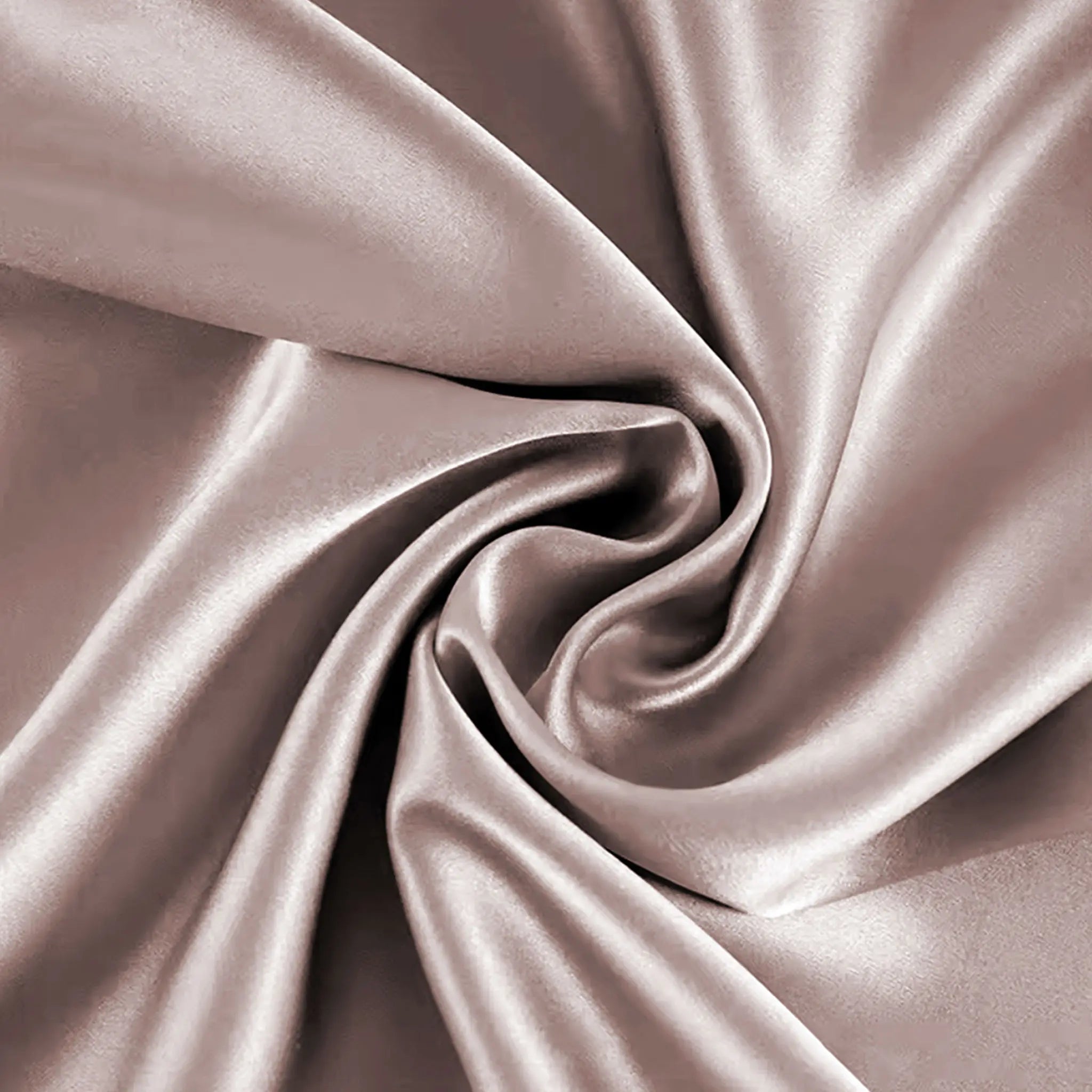 Taupe mulberry silk fabric close-up — smooth 22 momme silk with natural sheen and soft texture.