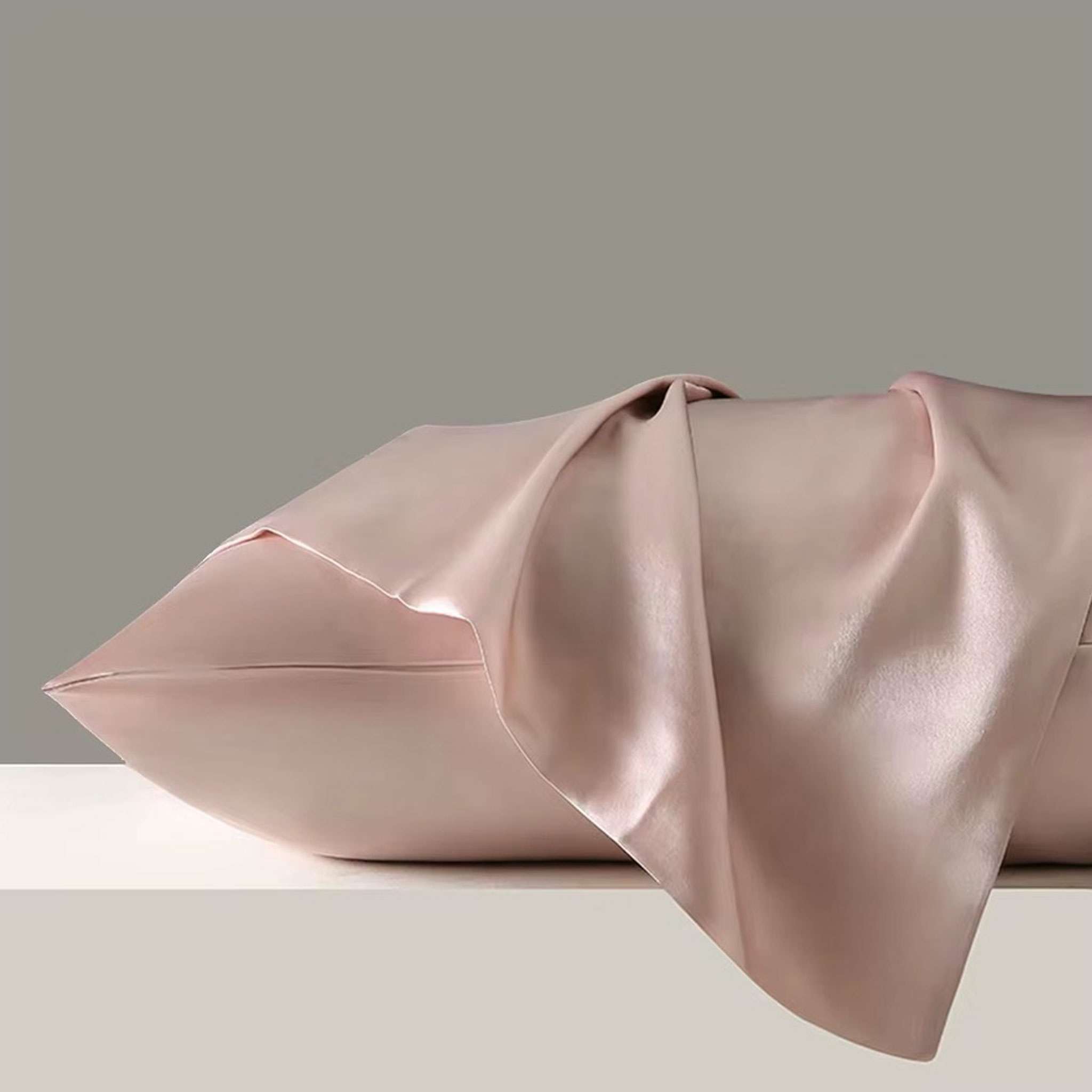 Side view of Taupe pure mulberry silk pillowcase — 22 momme luxury silk by Silk Souq.