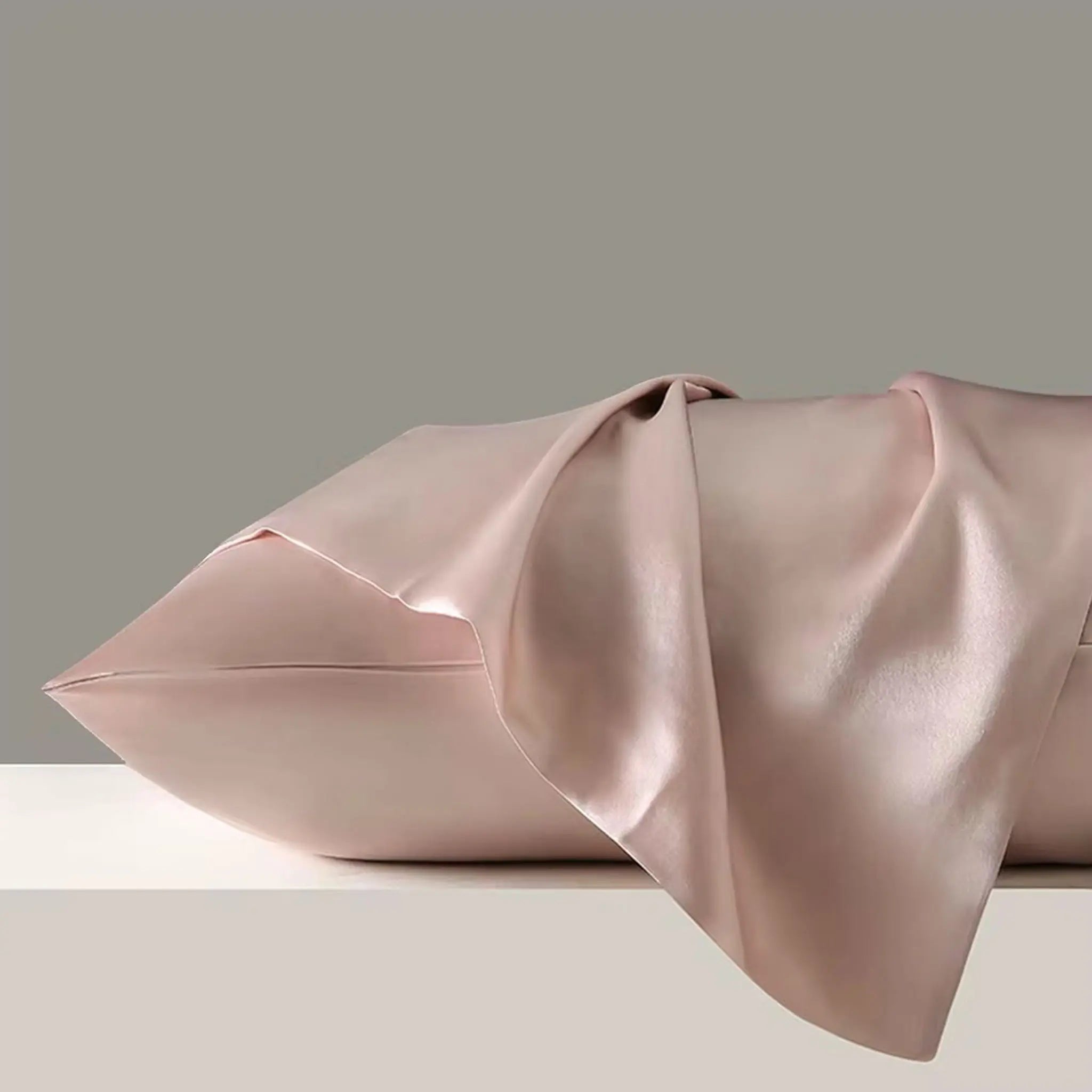 Side view of Taupe pure mulberry silk pillowcase — 22 momme luxury silk by Silk Souq.
