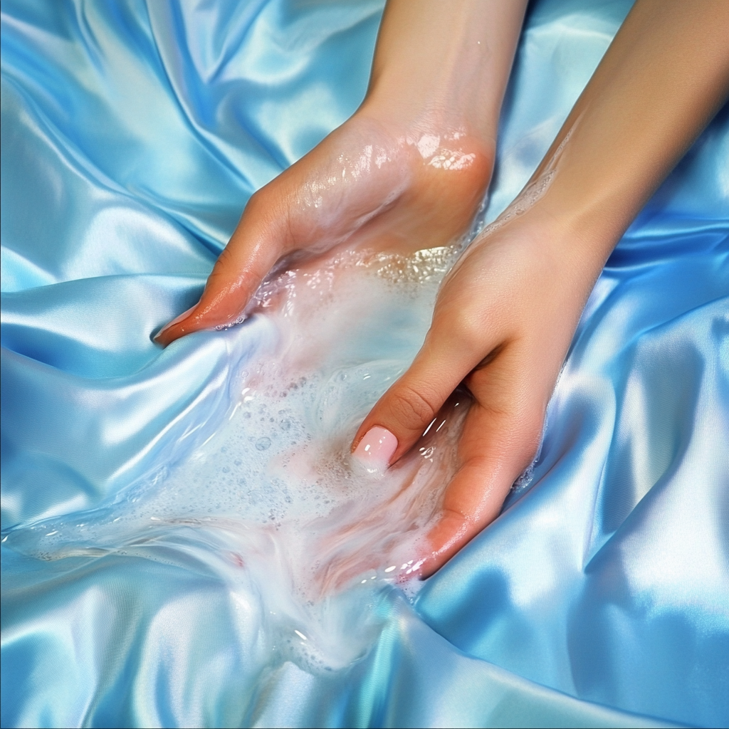 Pair of hands washing delicate silk fabric