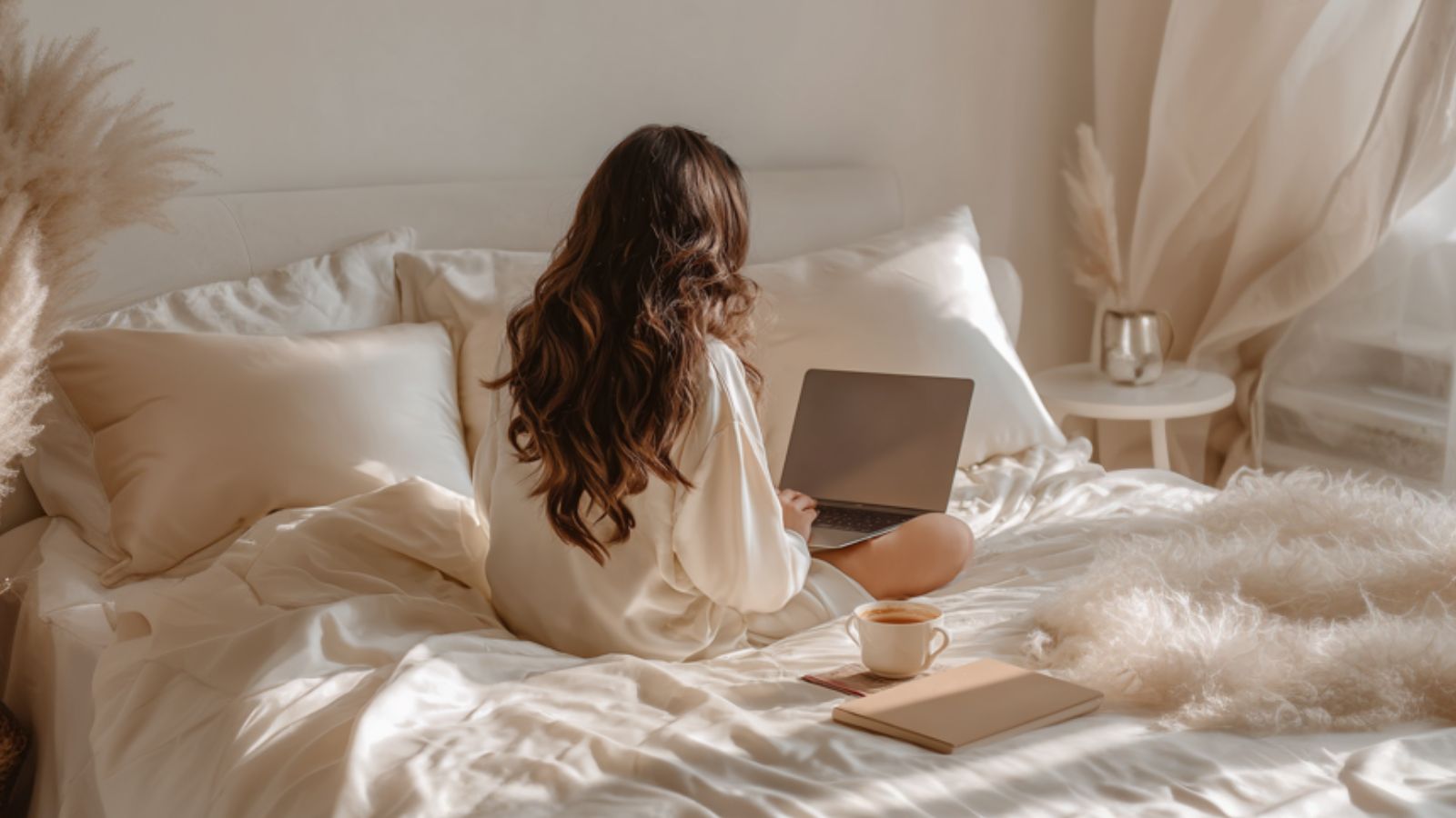 A woman with long brown hair sits on a bed with white mulberry silk bedding, using a laptop. A cup of coffee and a notebook are on the bed beside her, with soft beige curtains and a side table in the background.