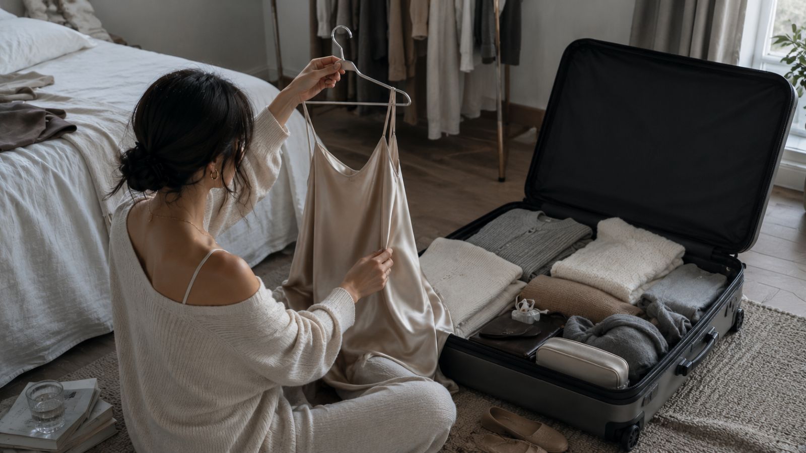 Woman packing a suitcase in a bedroom with silk clothes on hangers.