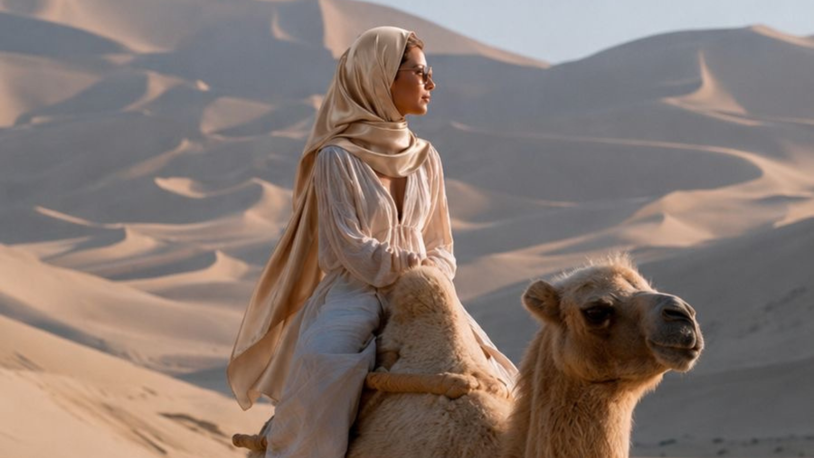 Woman wearing a gold silk hijab as part of the noor collection by Silk Souq.