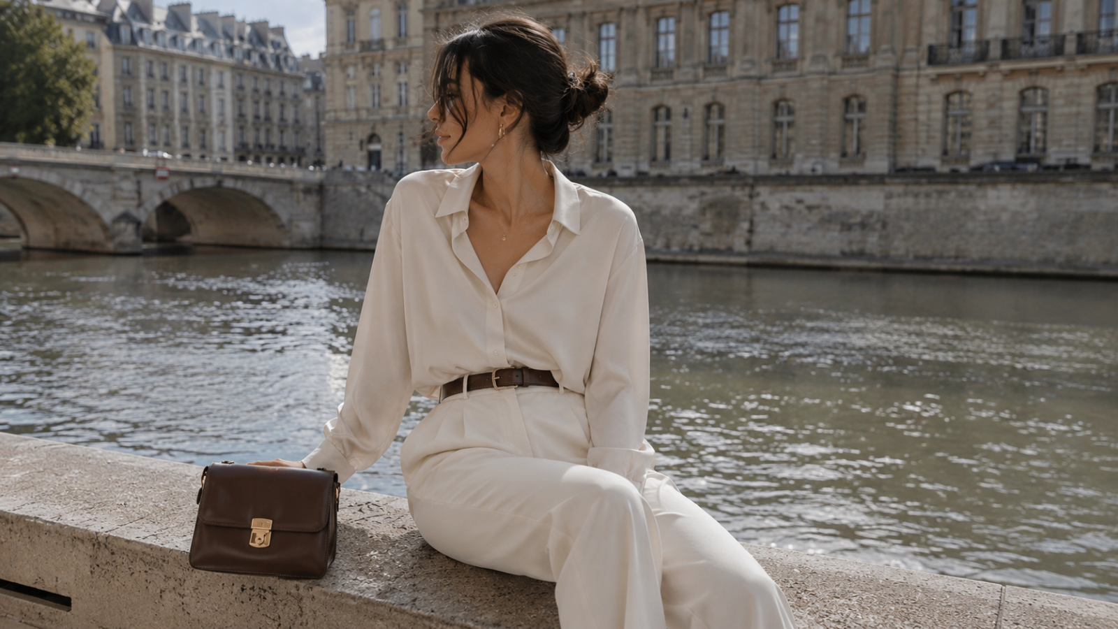 Woman in a white outfit sitting by a river with classical architecture in the background