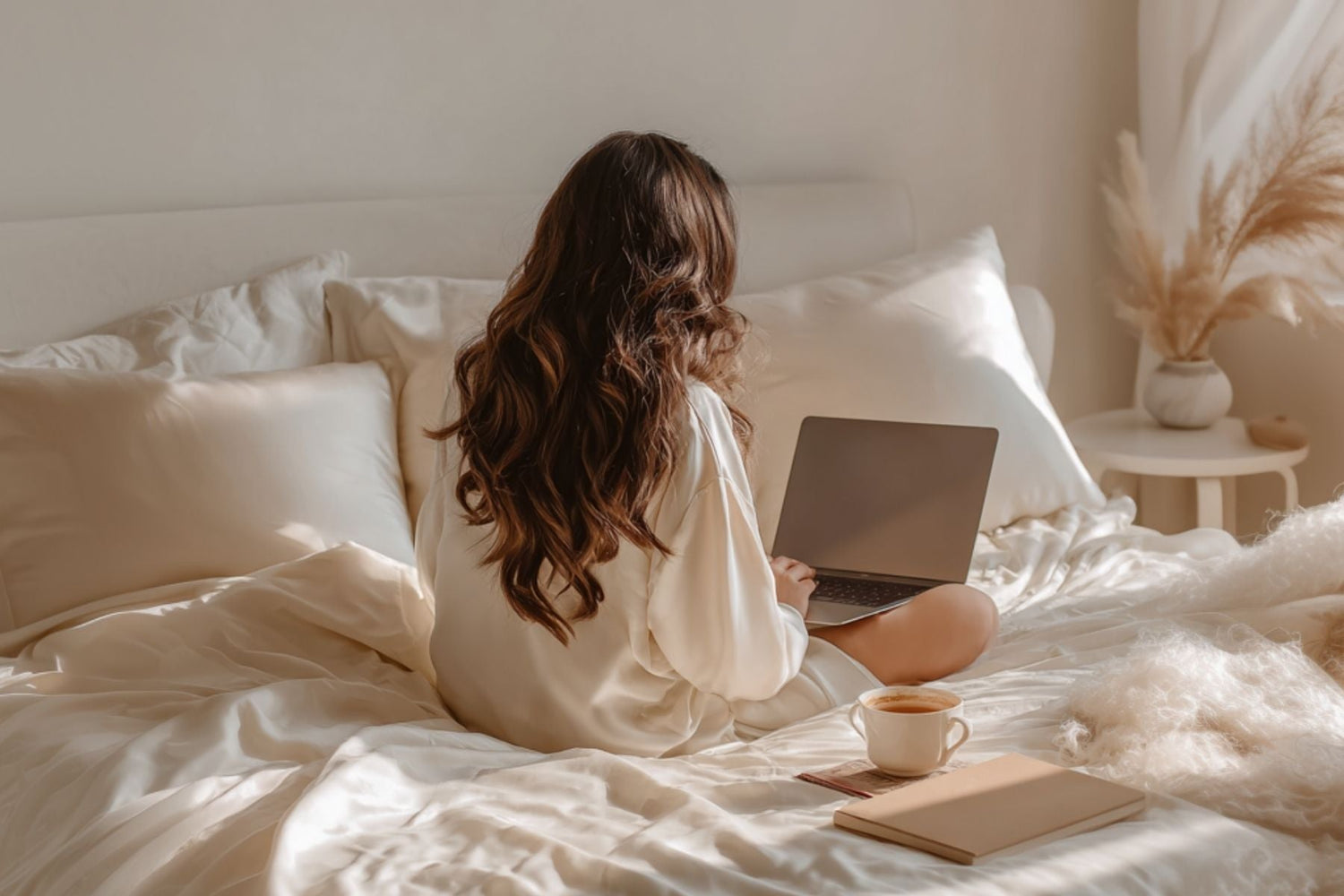 Woman in silk pajamas working on a laptop in a bright, minimalist bedroom with coffee and pampas grass decor