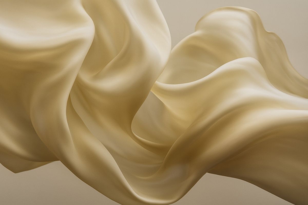 Flowing beige mulberry silk fabric on a neutral background representing gentle love.
