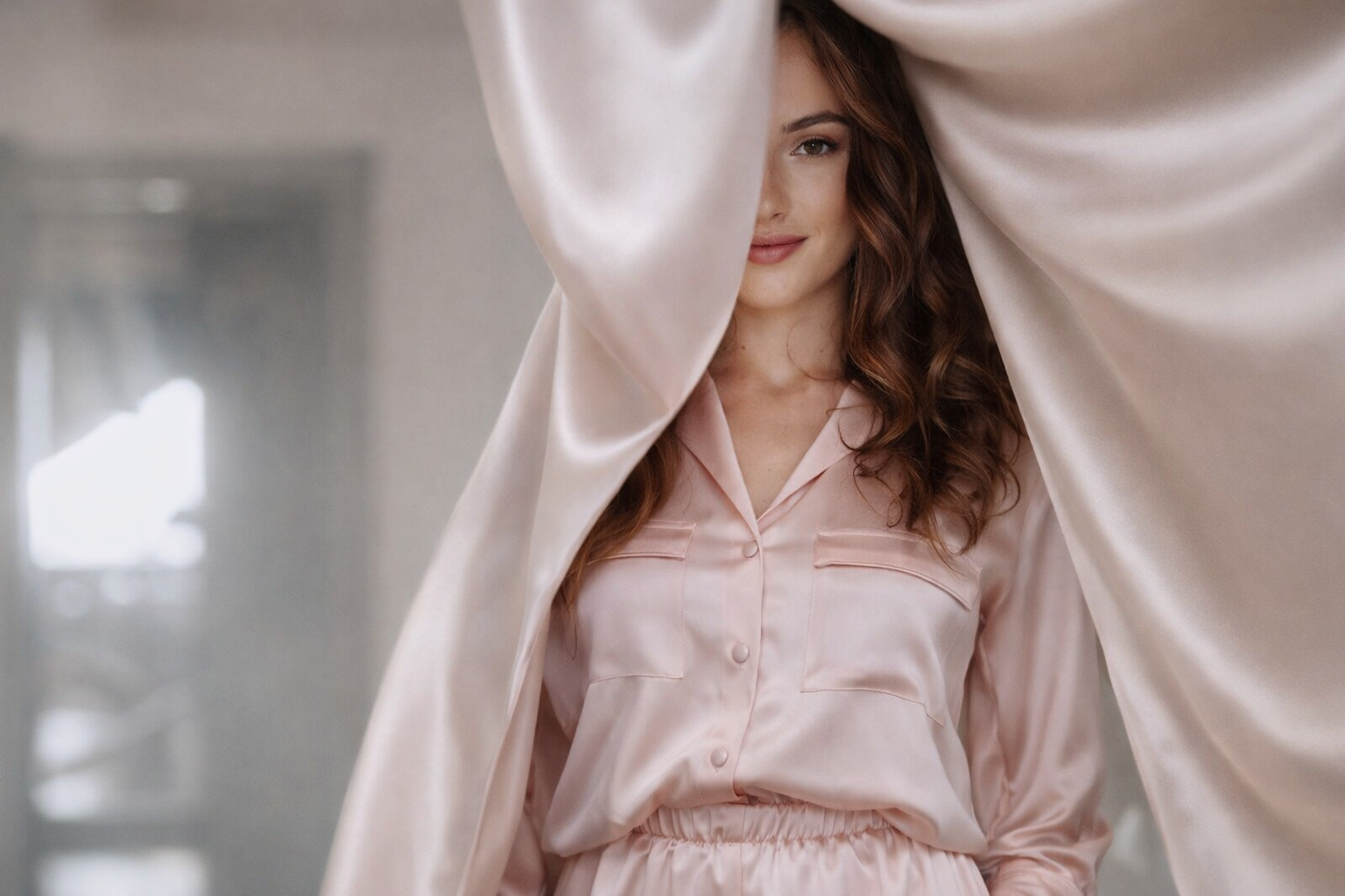 Woman in a pink silk pajamas peeking from behind a white silk curtain