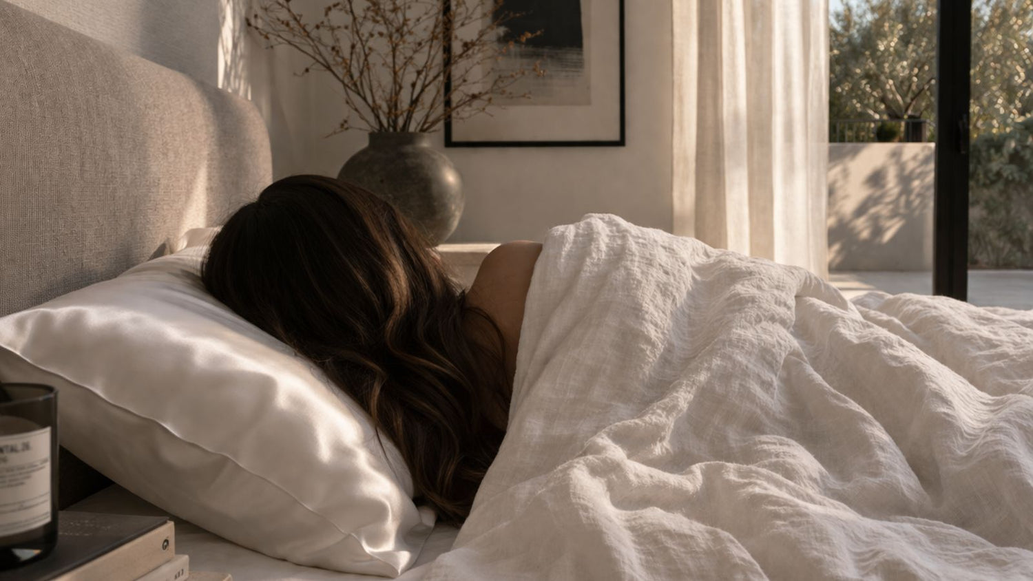 Woman with long brunette hair sleeping on a white mulberry silk pillowcase in a sunlit modern bedroom.