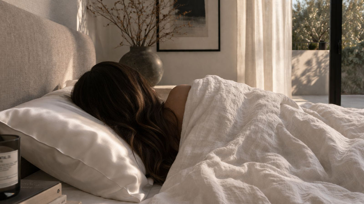 Woman with long brunette hair sleeping on a white mulberry silk pillowcase in a sunlit modern bedroom.