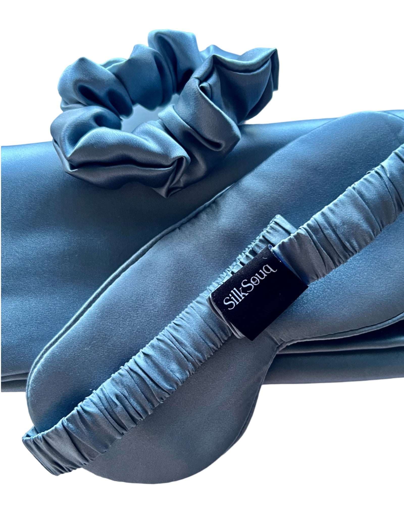 Set of 100% Mulberry Silk EyeMask  +  Hair Scrunchie (3.5 CM) +  Pillowcase (19 Momme) - Gray Blue