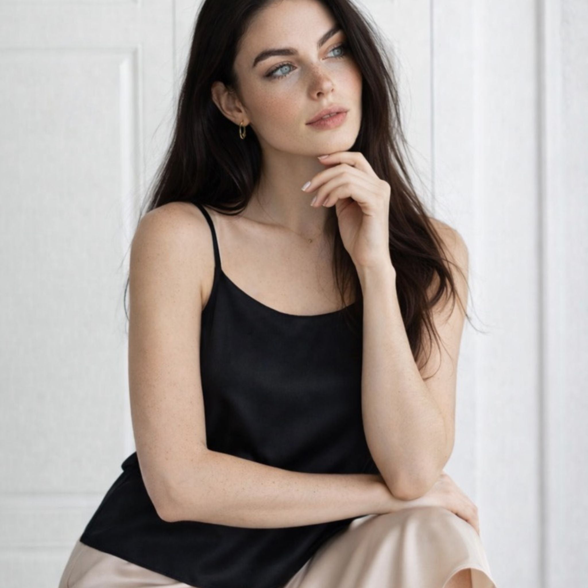 Mulberry Silk Round Neck Camisole Top in Black Beauty - SilkSouq