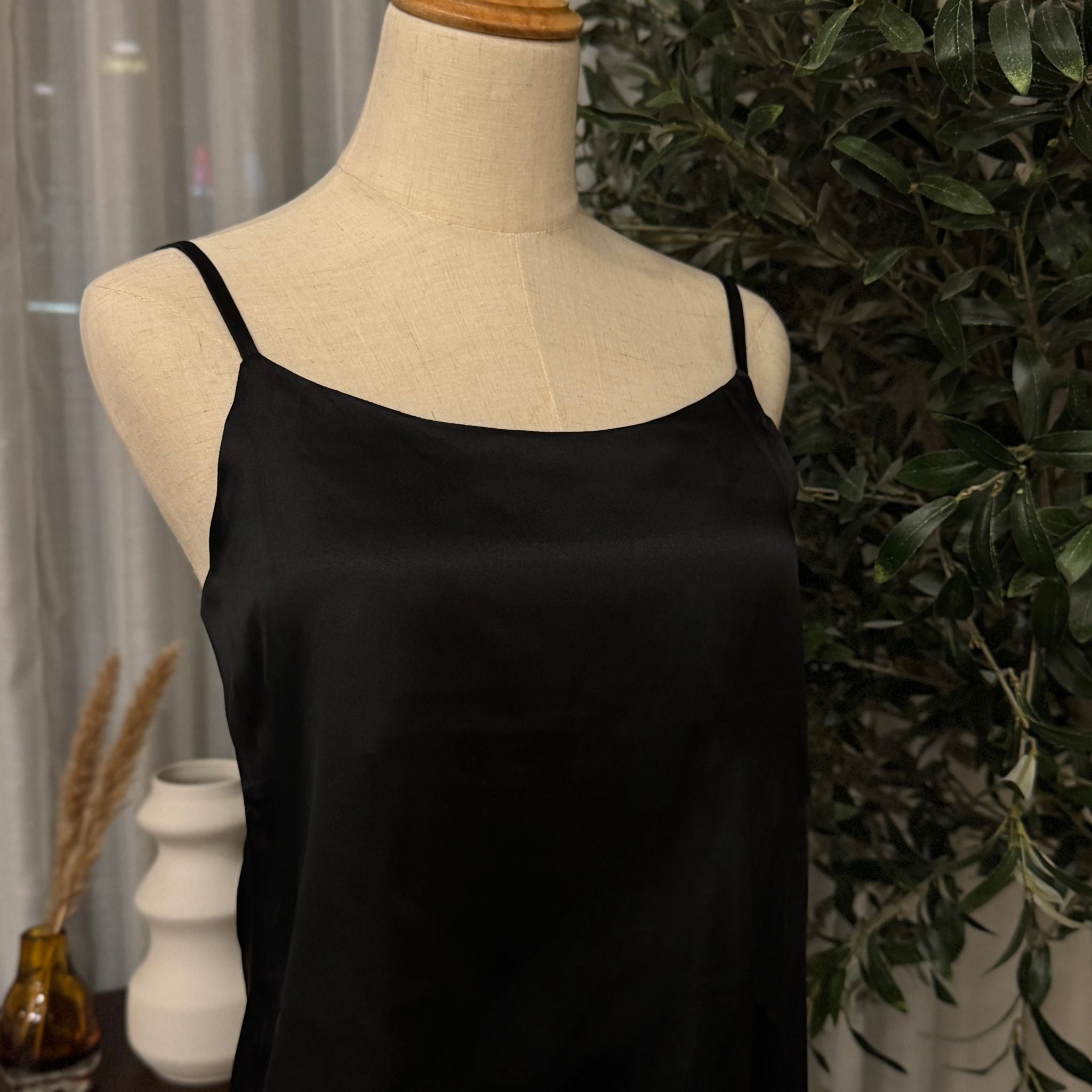 Mulberry Silk Round Neck Camisole Top in Black Beauty - SilkSouq