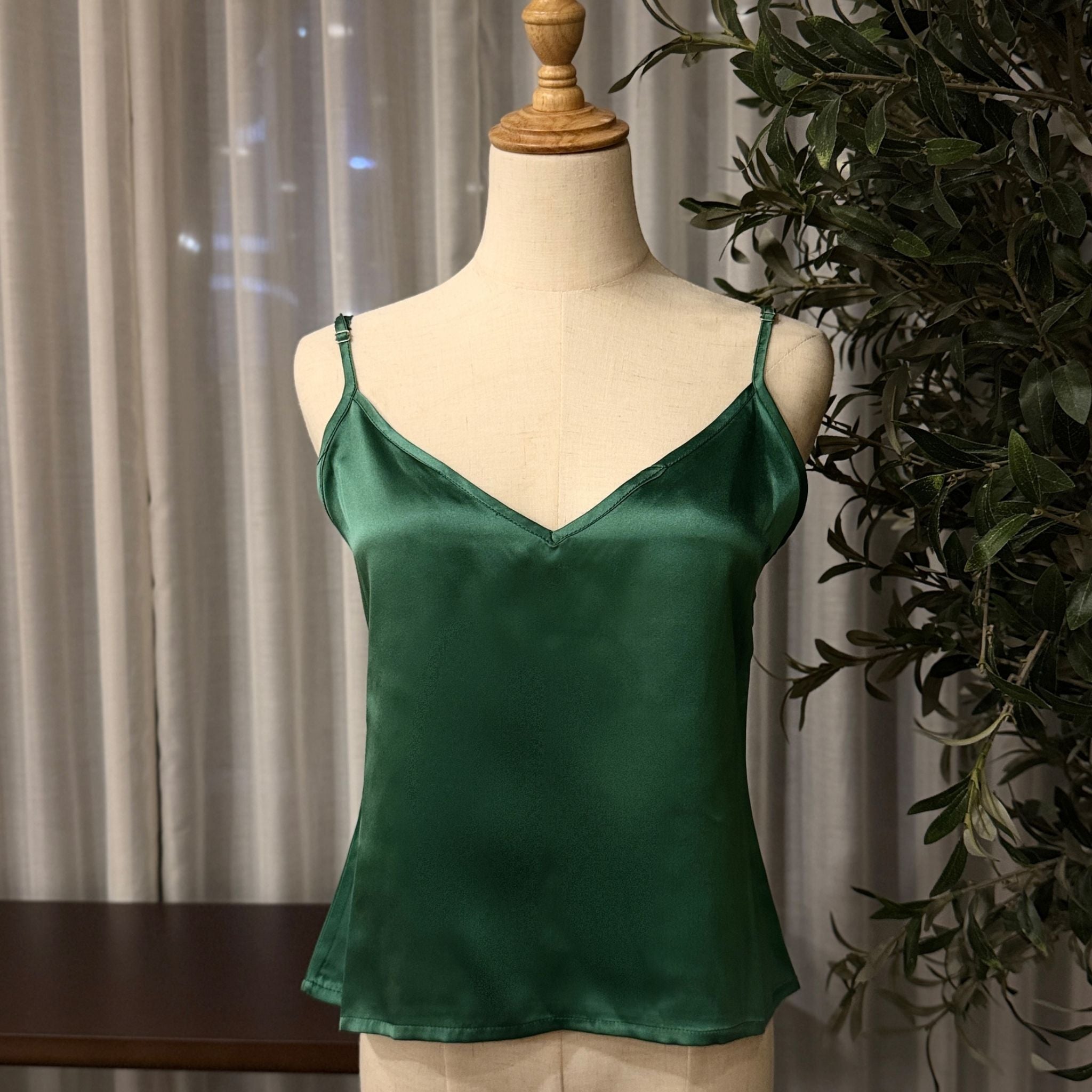 Mulberry Silk V-Neck Camisole Top in Emerald Green - SilkSouq