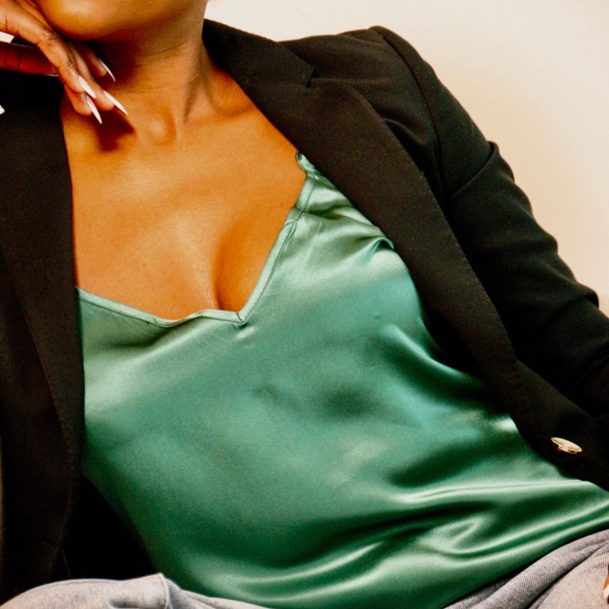 Mulberry Silk V-Neck Camisole Top in Emerald Green - SilkSouq