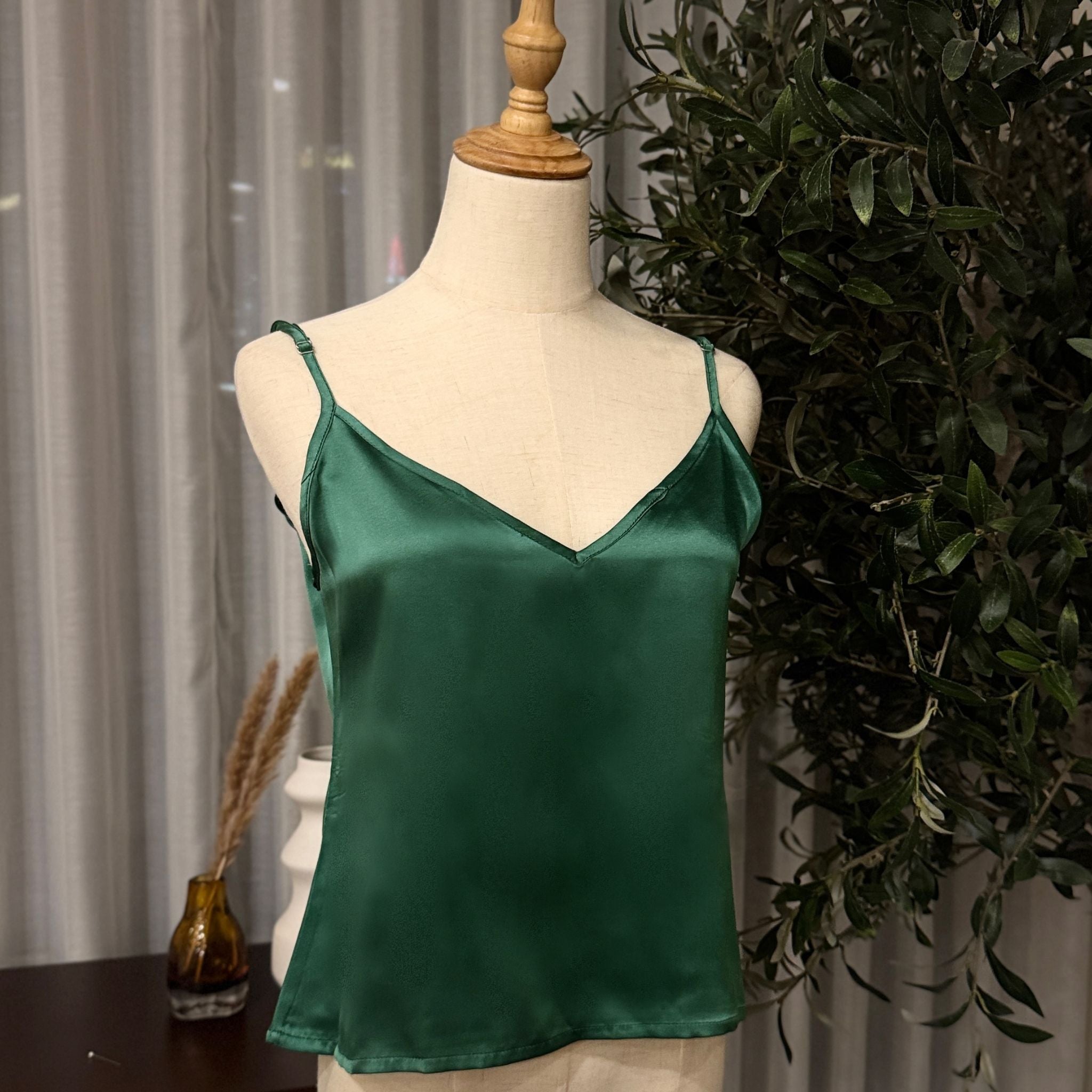 Mulberry Silk V-Neck Camisole Top in Emerald Green - SilkSouq