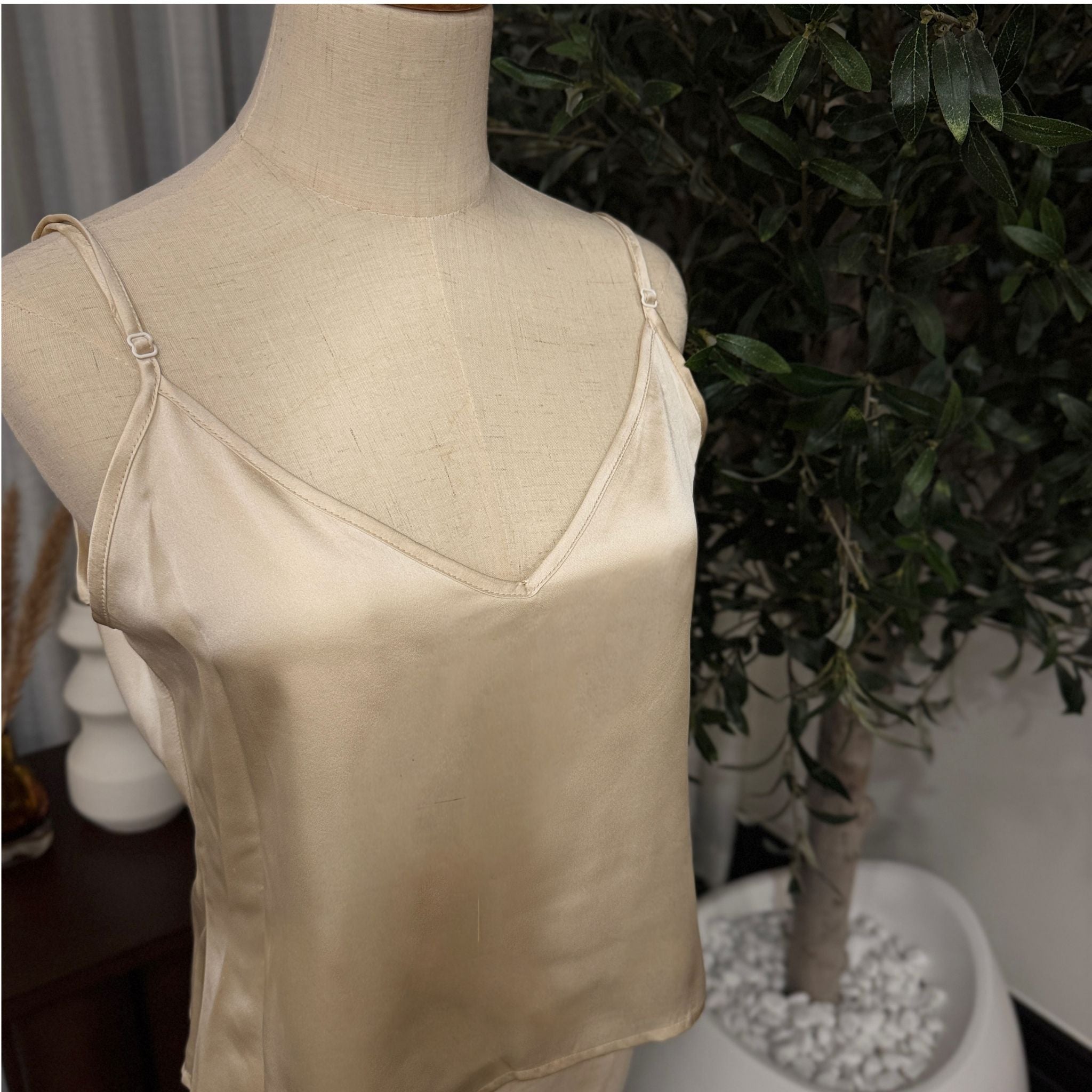 Mulberry Silk V-Neck Camisole Top in Golden Champagne - SilkSouq