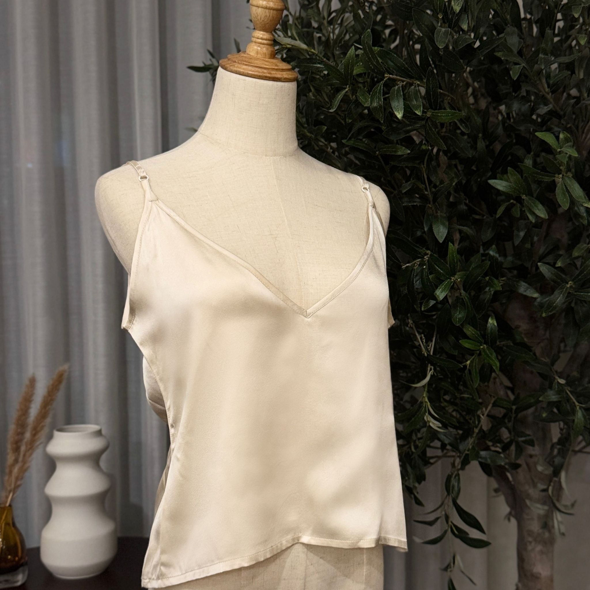 Mulberry Silk V-Neck Camisole Top in Golden Champagne - SilkSouq