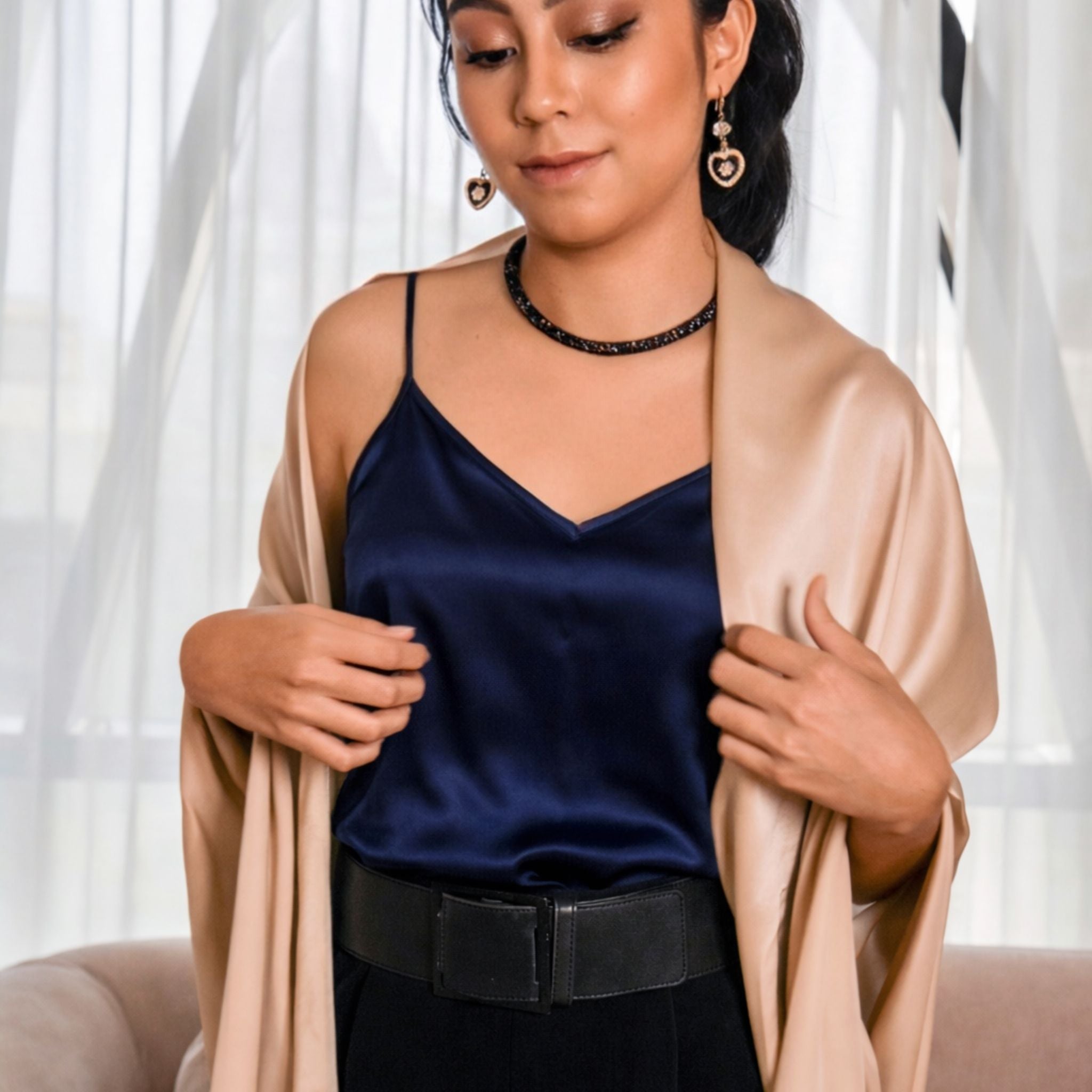 Mulberry Silk V-Neck Camisole Top in Midnight Blue - SilkSouq