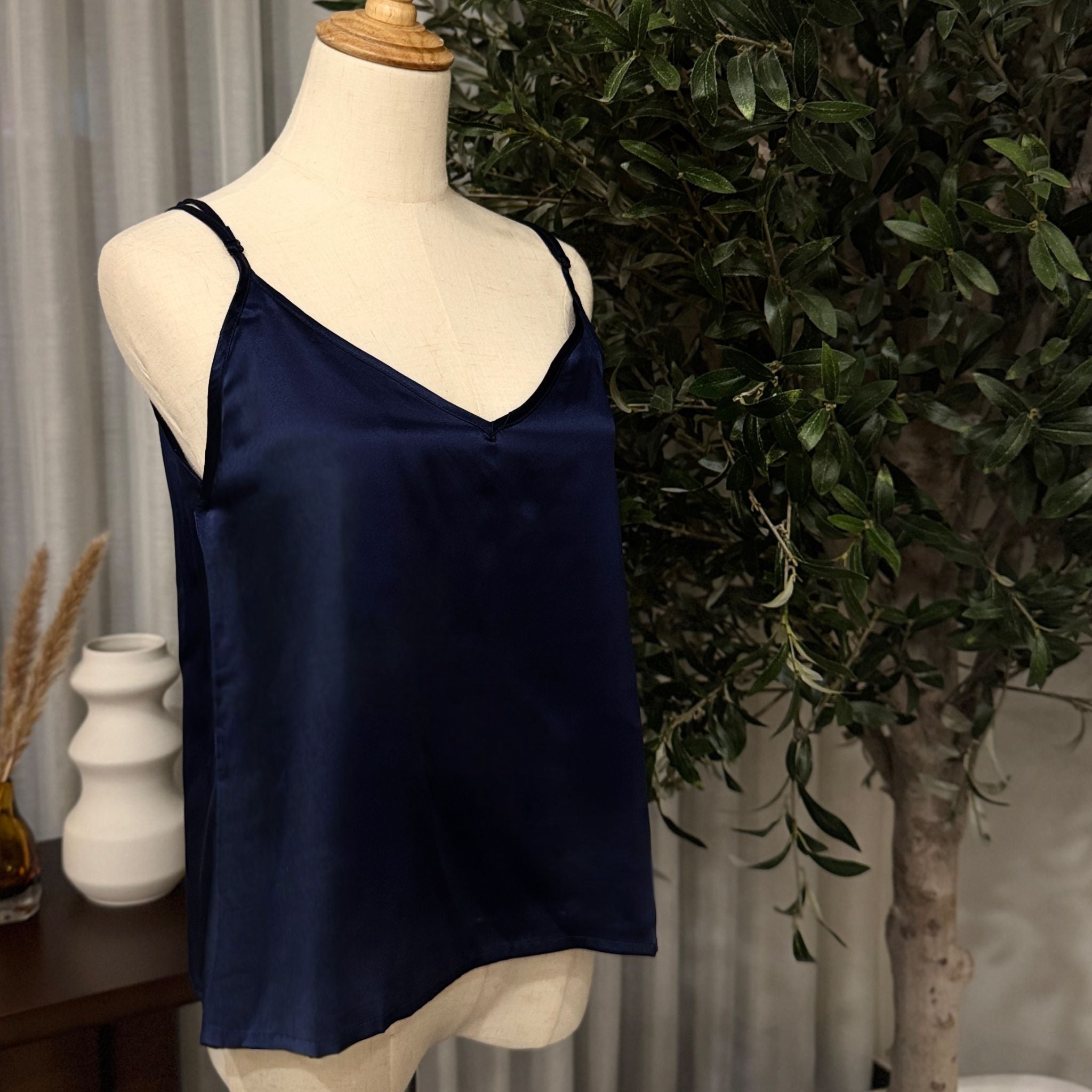 Mulberry Silk V-Neck Camisole Top in Midnight Blue - SilkSouq