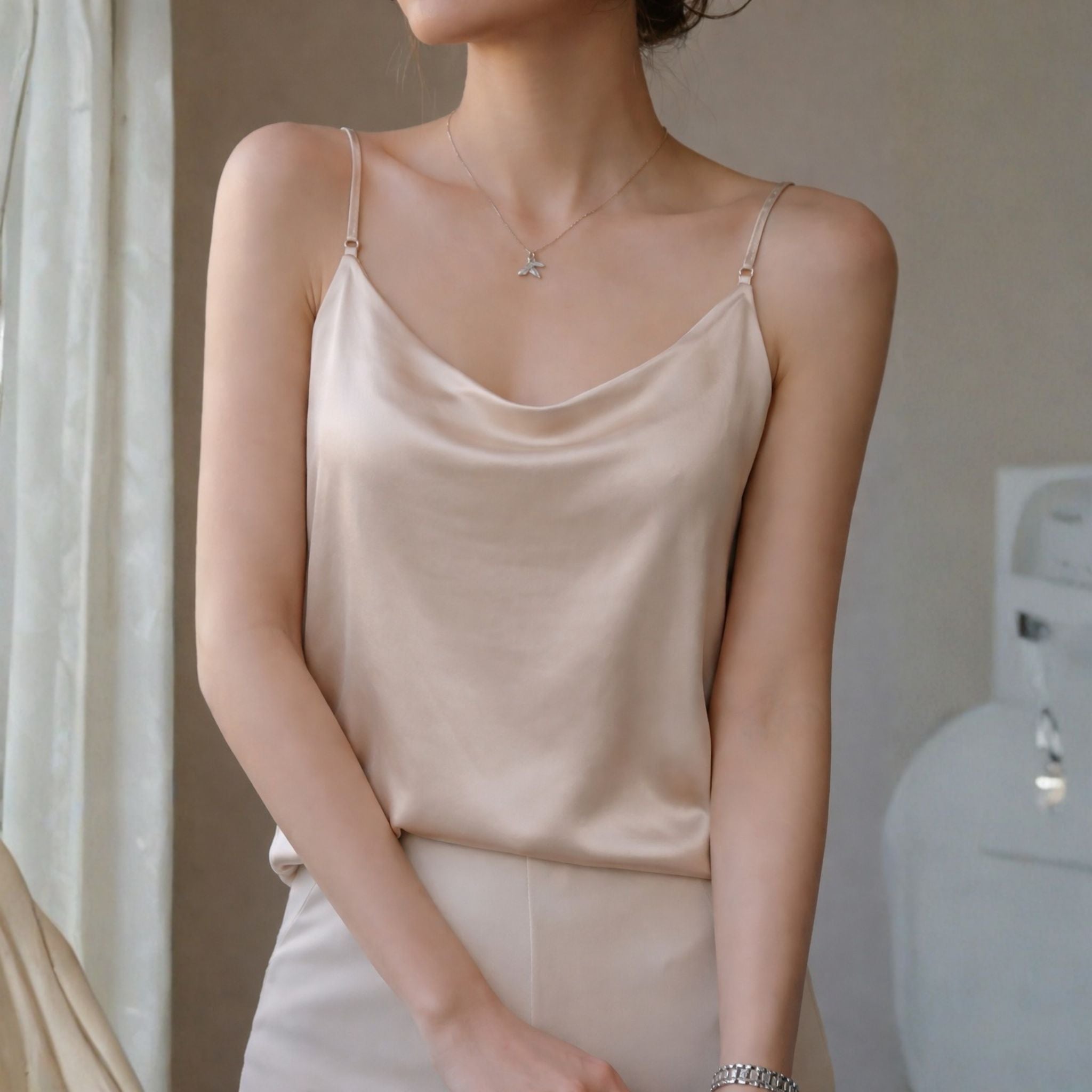 Mulberry Silk Round Neck Camisole Top in Rosy Champagne - SilkSouq