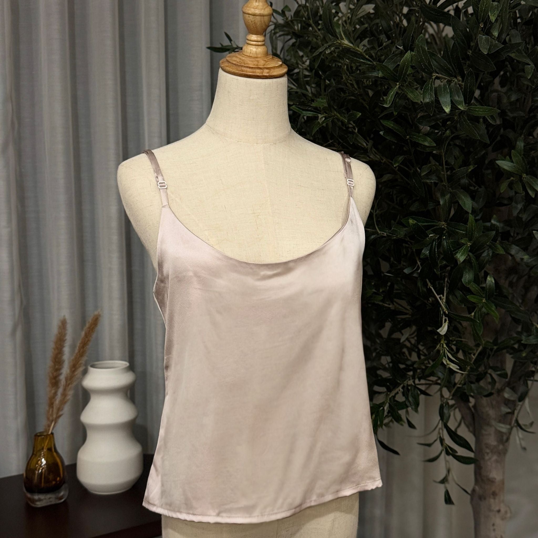 Mulberry Silk Round Neck Camisole Top in Rosy Champagne - SilkSouq