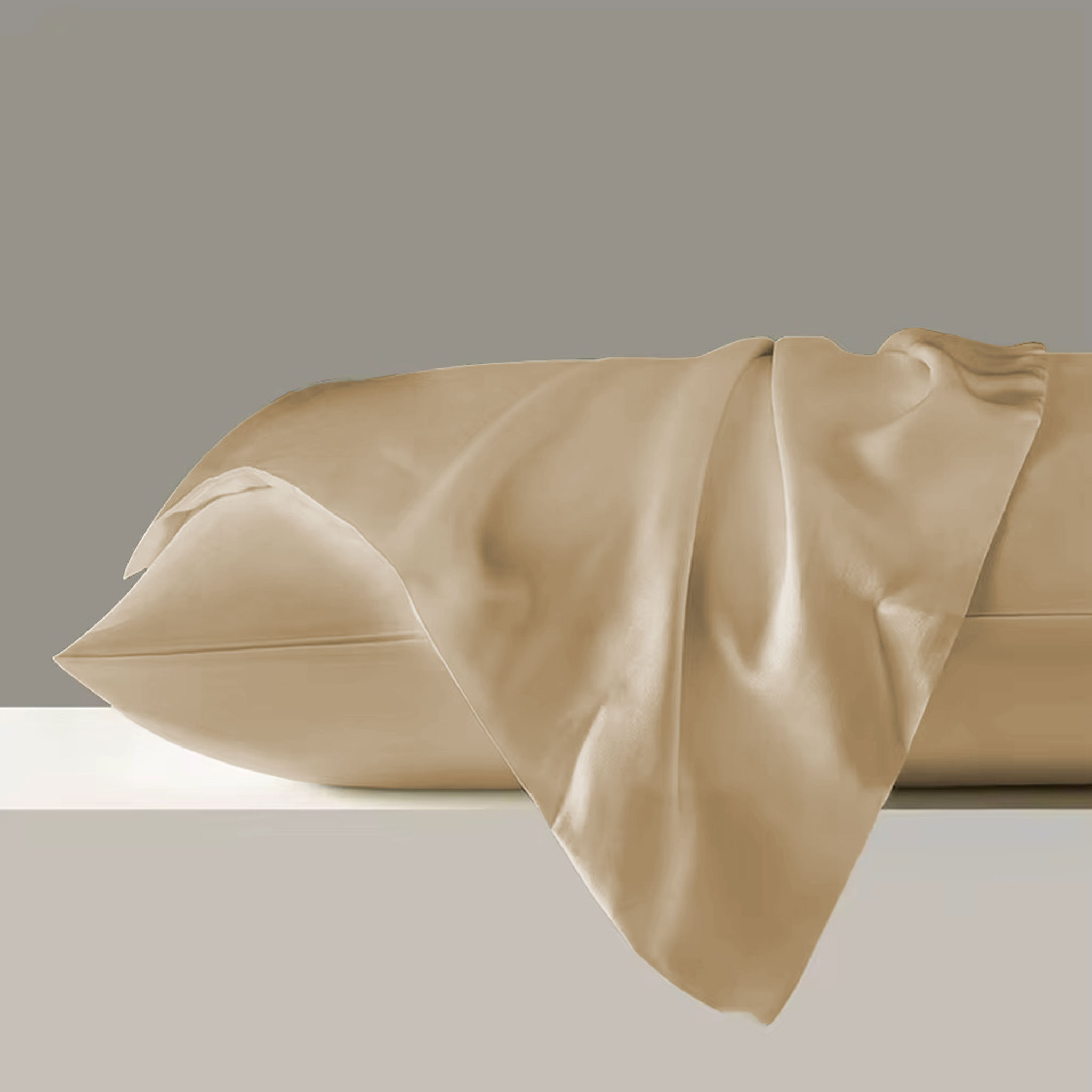 Side view of Mocha Taupe pure mulberry silk pillowcase — 22 momme luxury silk by Silk Souq.